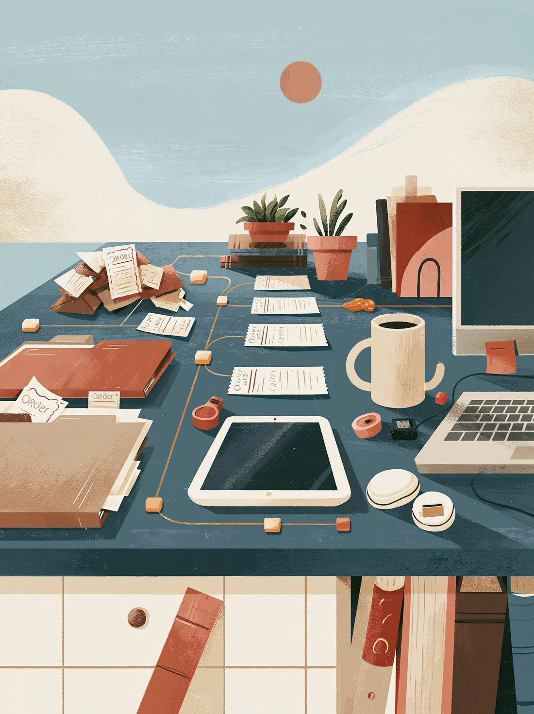 Order tickets, folders and a tablet laid out in sequence along a worktable