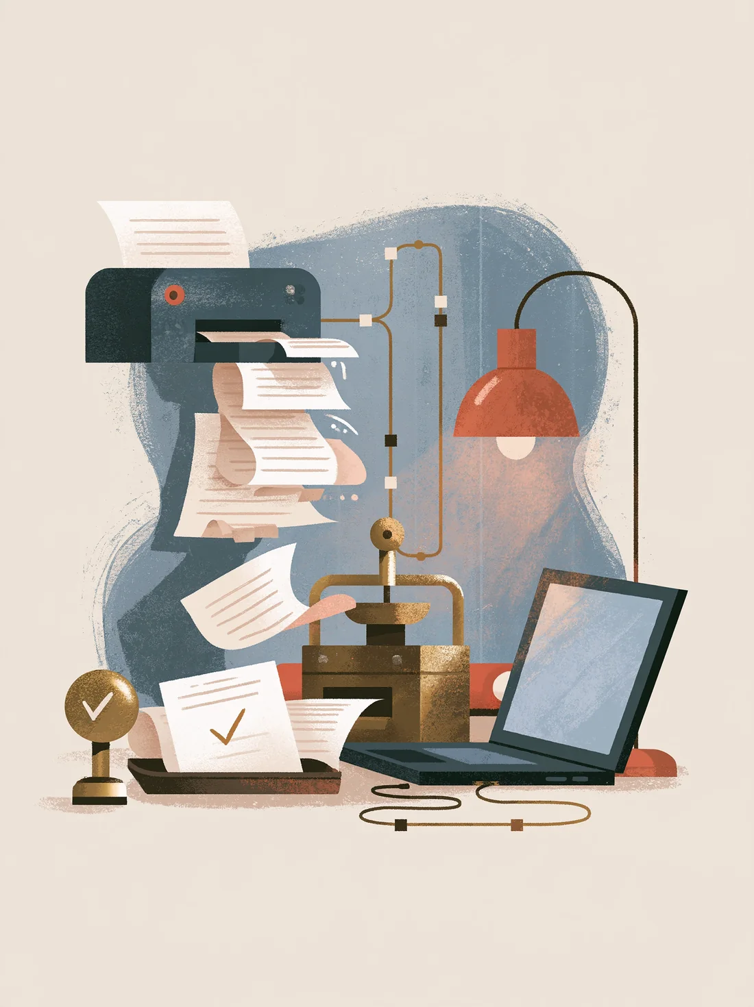 A printer, a lamp and a desk stamp linked by a thin gold line to a laptop, with documents moving along it