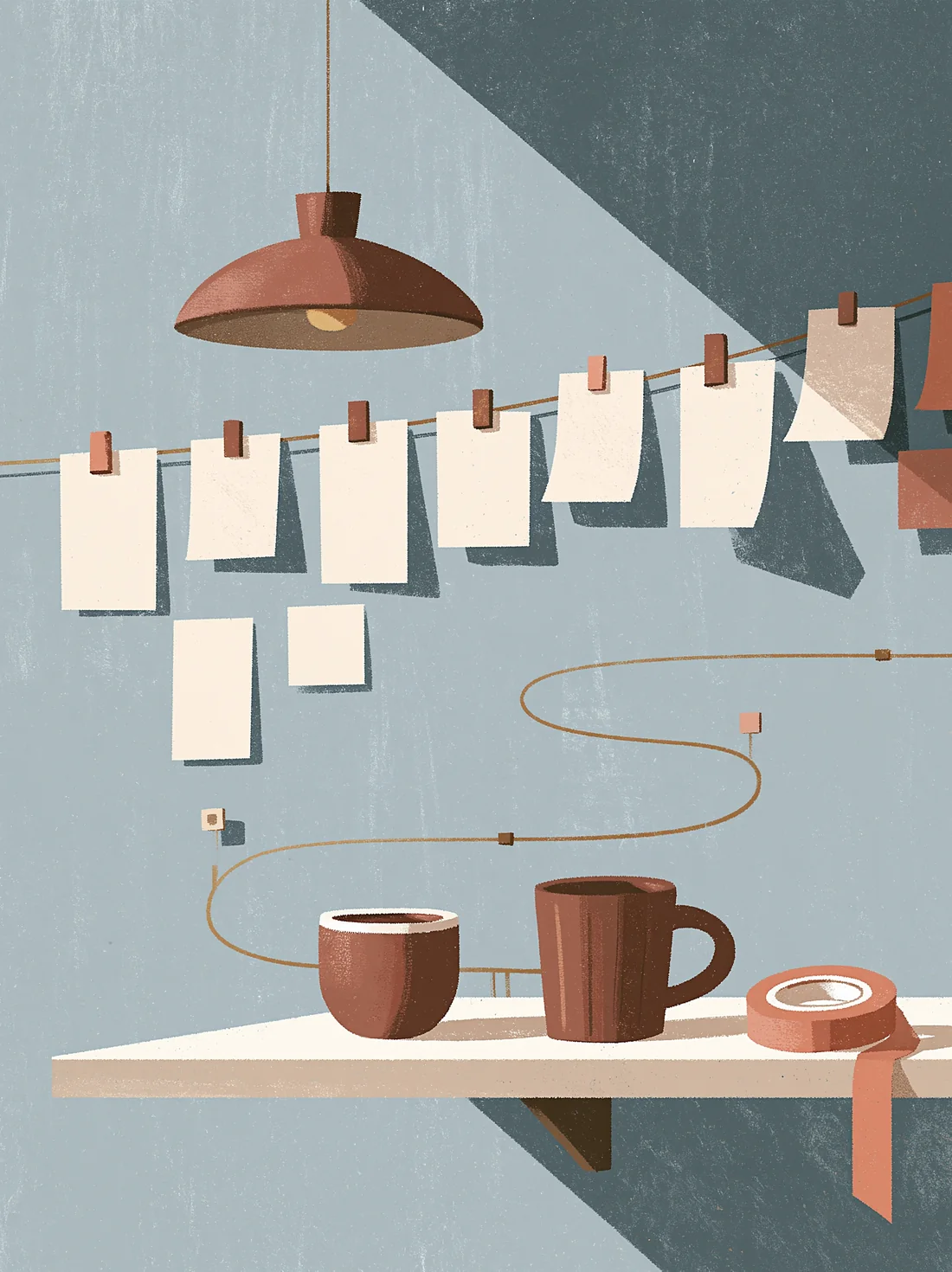 A line of pinned notes joined by a thin gold line above two mugs on a shelf