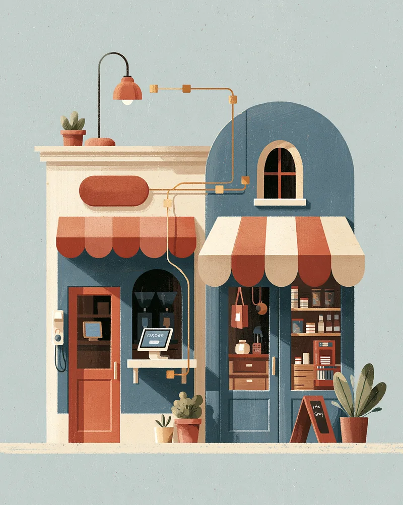 A cafe and a shop side by side, their order tablets linked by a gold line