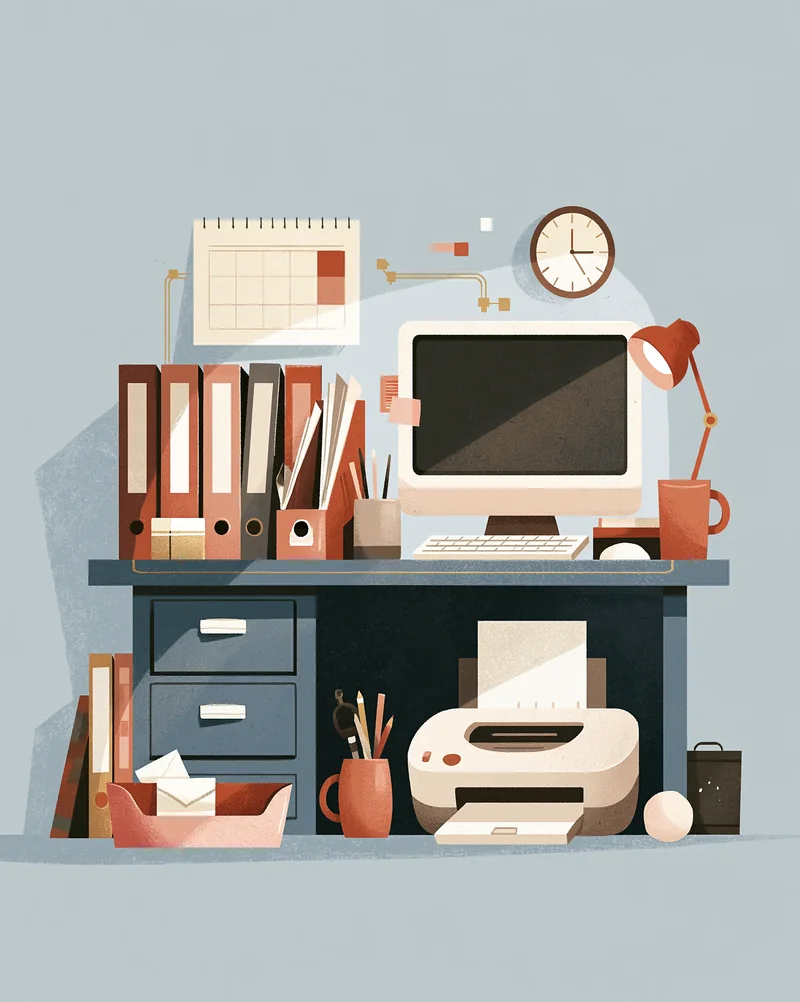 A tidy practice desk with client binders, a calendar and a document scanner