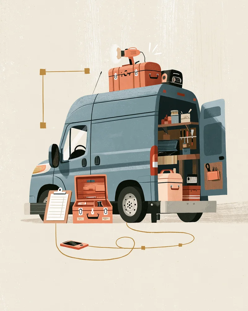 A contractor van with its side door open, a toolbox and a job clipboard