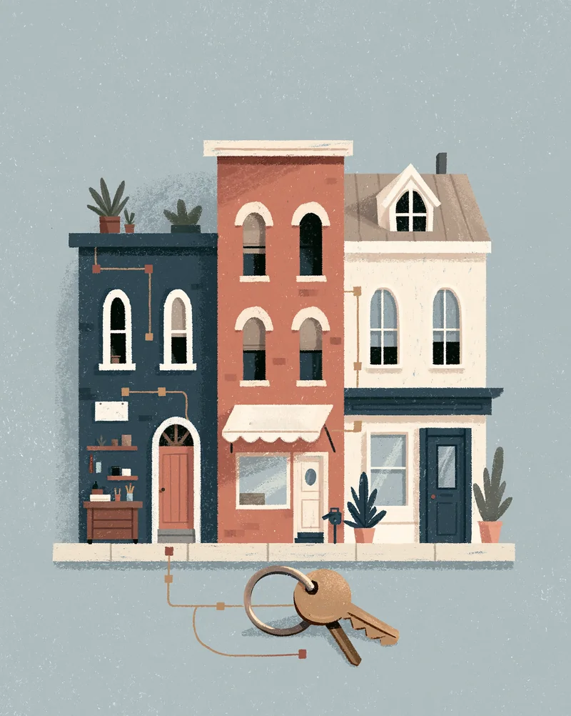 Three small business buildings on one street with a ring of keys
